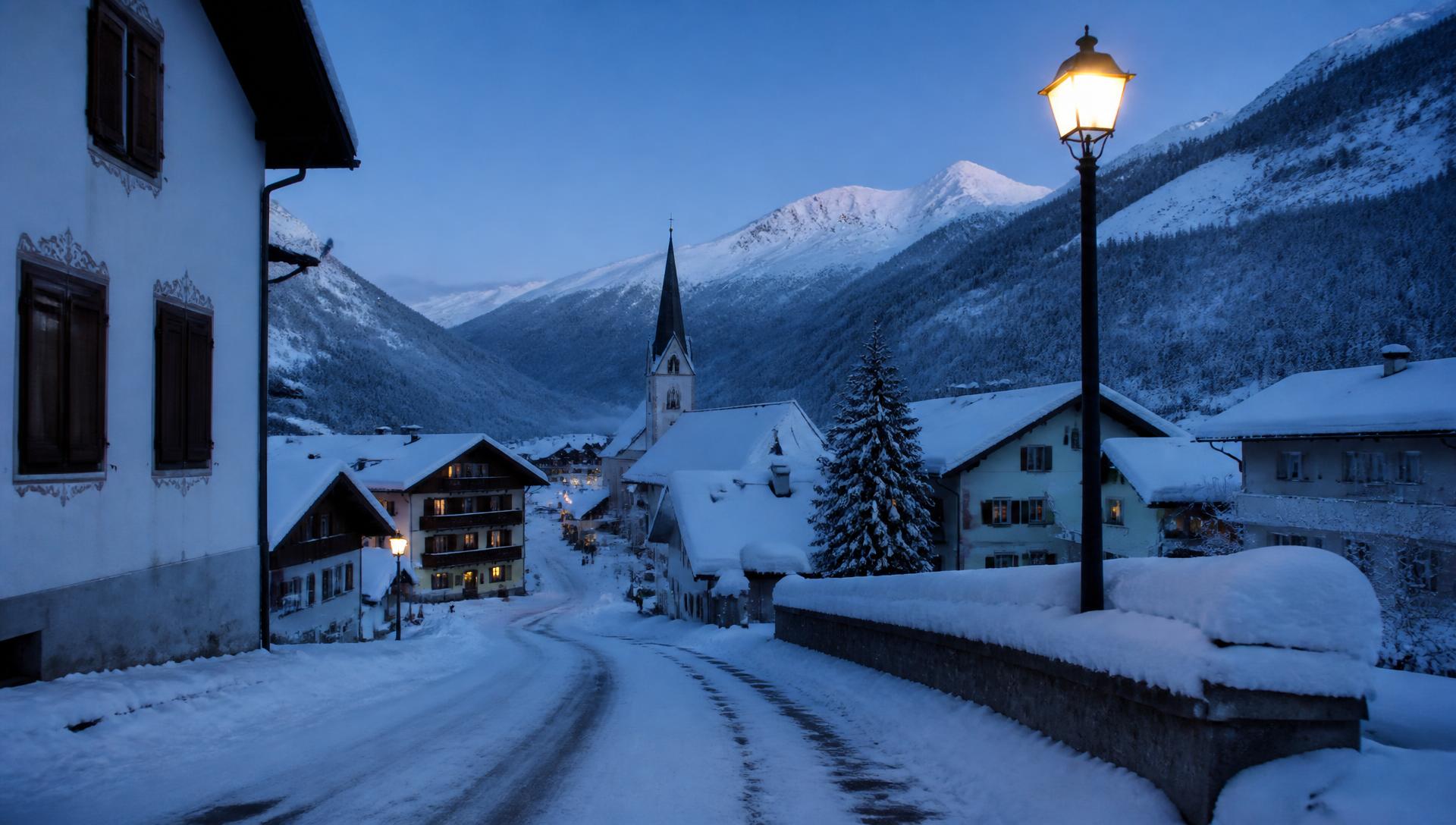 Vilarejo europeu coberto de neve ao anoitecer